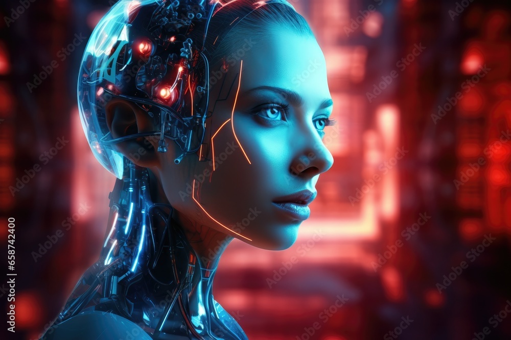 In a futuristic world, a beautiful female cyborg model with metallic features and glowing red and blue accents showcases the perfect blend of technology and glamour In a futuristic world, a beautiful female cyborg model with metallic features and glowing red and blue accents showcases the perfect blend of technology and glamour