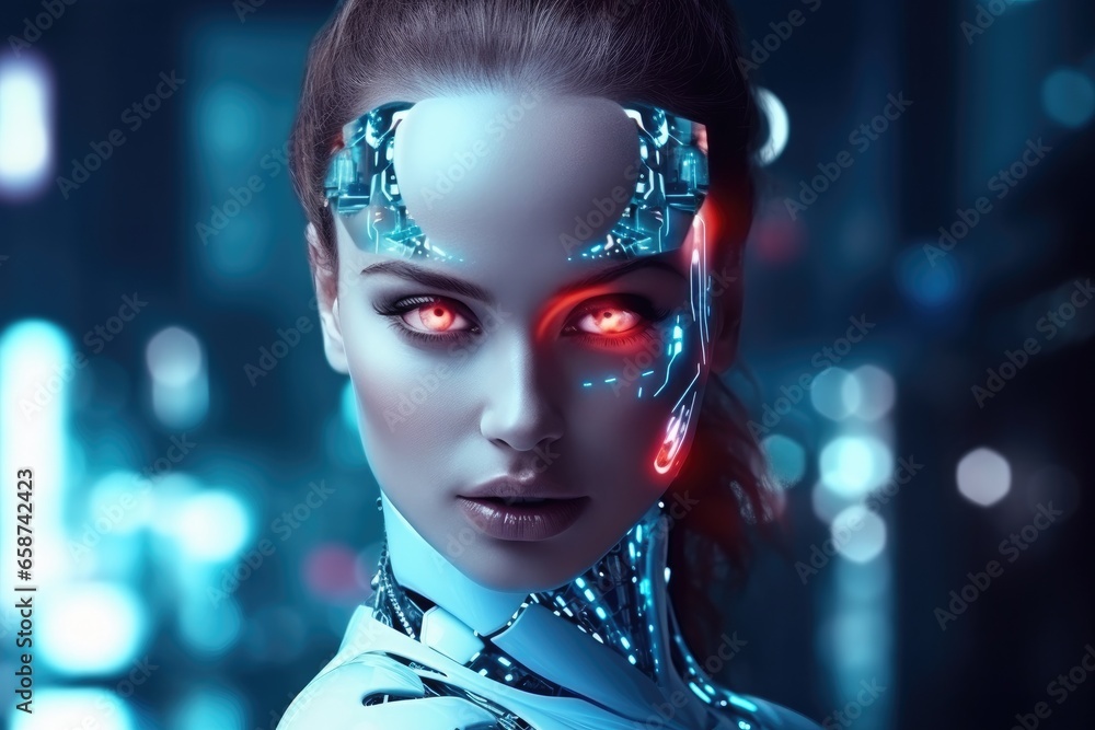 In a futuristic world, a beautiful female cyborg model with metallic features and glowing red and blue accents showcases the perfect blend of technology and glamour In a futuristic world, a beautiful female cyborg model with metallic features and glowing red and blue accents showcases the perfect blend of technology and glamour