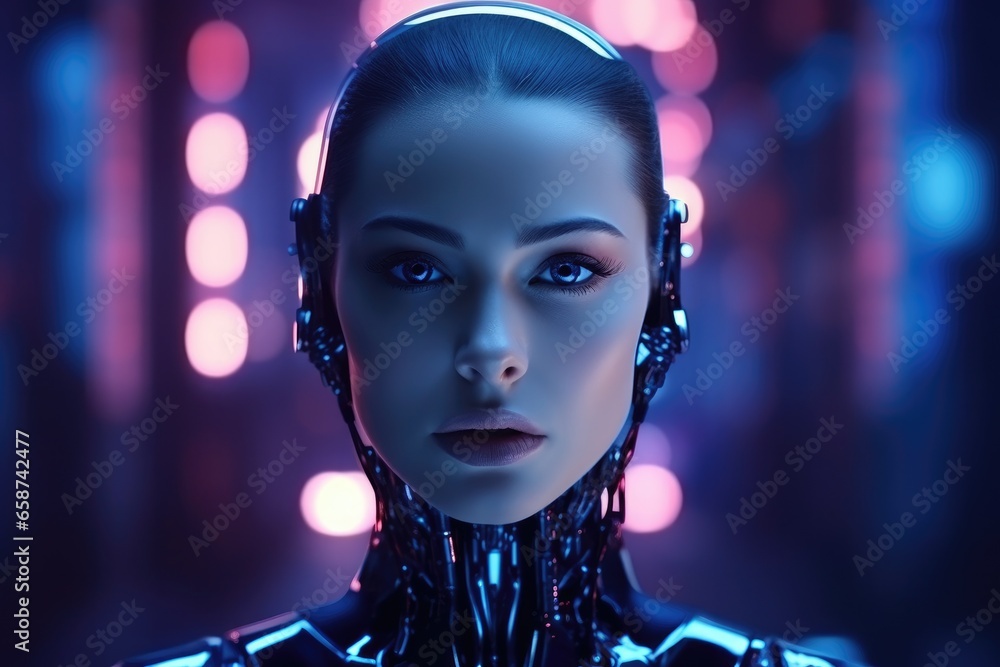 In a futuristic world, a beautiful female cyborg model with metallic features and glowing red and blue accents showcases the perfect blend of technology and glamour - obrazy, fototapety, plakaty 