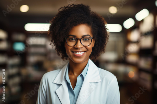 Health care concept. African American friendly smiling female woman professional pharmacist with arms crossed in lab white coat standing in pharmacy shop or drugstore in front of shelf with medicines photo