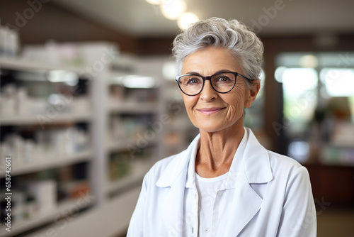 Friendly senior female woman professional pharmacist with arms crossed in lab white coat standing in pharmacy shop or drugstore in front of shelf with medicines. Health care concept.