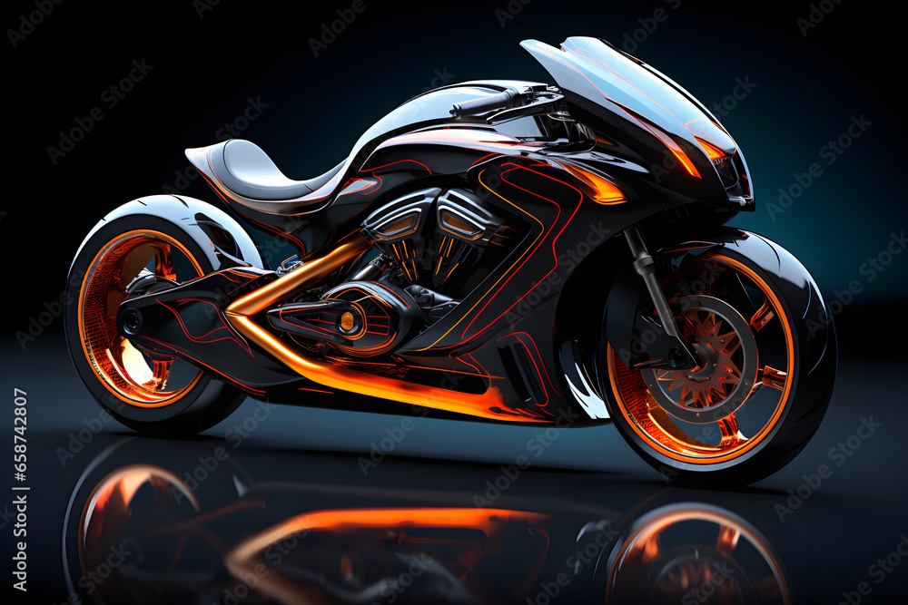 a sports motorcycle on a dark background with neon lights. Generative ai