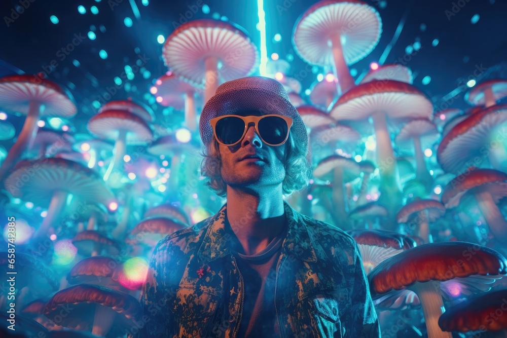 This stylish young man exudes modernity and coolness at a neon-lit disco party. With his fashionable sunglasses and retro hat, he's the epitome of nightlife's energy and style This stylish young man exudes modernity and coolness at a neon-lit disco party. With his fashionable sunglasses and retro hat, he's the epitome of nightlife's energy and style