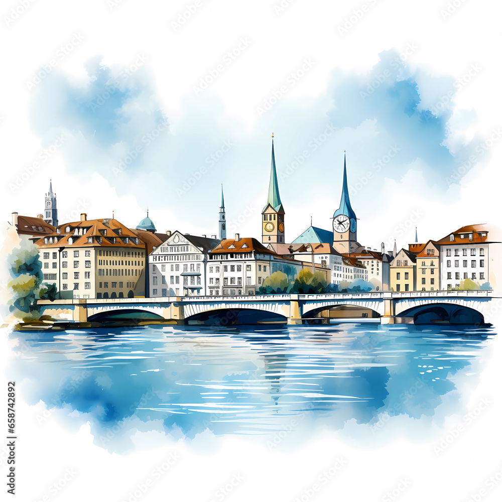 Fototapeta premium Illustration of beautiful view of the city of Zurich, Switzerland