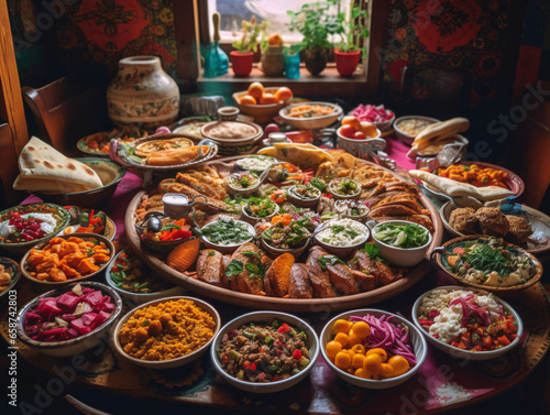 Vibrant Mediterranean Mezze Platters with Grilled Meats  Fresh Pita Bread  and Colorful Dips in a Bazaar Setting  Generative AI 