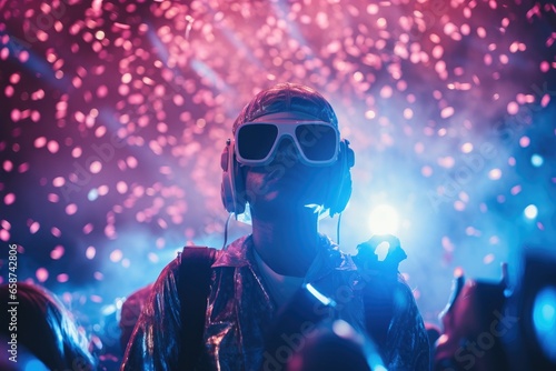 This stylish young man exudes modernity and coolness at a neon-lit disco party. With his fashionable sunglasses and retro hat, he's the epitome of nightlife's energy and style