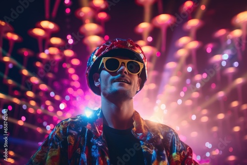 This stylish young man exudes modernity and coolness at a neon-lit disco party. With his fashionable sunglasses and retro hat, he's the epitome of nightlife's energy and style