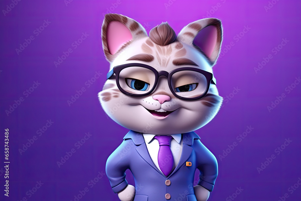 Petfluancers - Whiskered Executive: A 3D-Generated Cat's Pursuit of Business Success Violett Background
