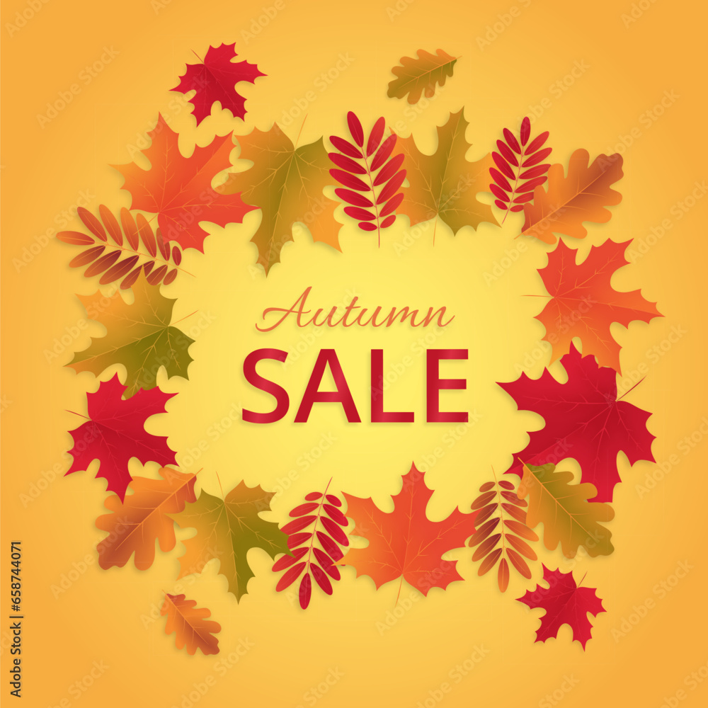 Fall colorful leaves frame and a tag with the text Autumn Sale composition. Autumn sale discount promotion banner design. Advertising sale concept poster design. Sale banner, sale tag