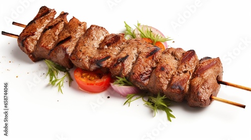 Tasty grilled meat, shish kebab on a white background