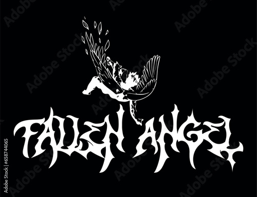 Vintage gothic fallen angel slogan print with baby love angel eros with arrow for girl tee t shirt or sticker - Vector
