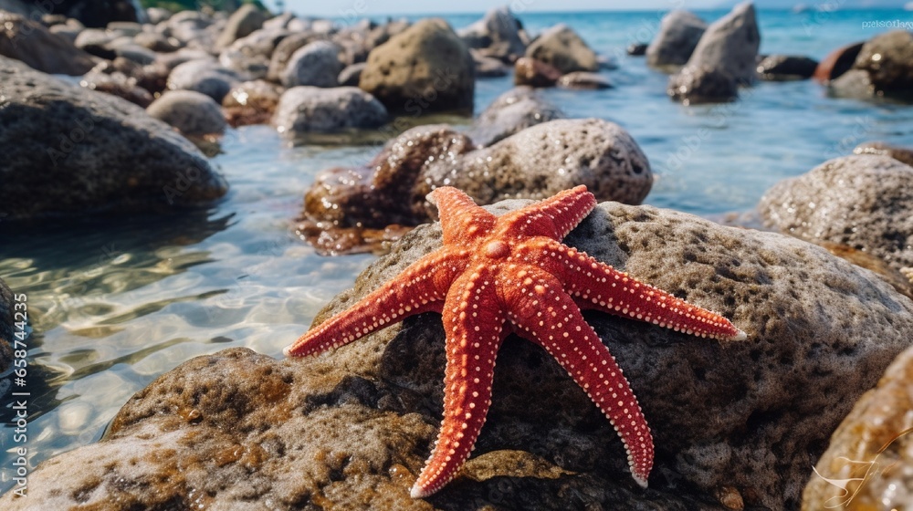 Tentacle of large red starfish on the rocks near sea close-up, Marthasterias. Animals of the Mediterranean. Tentacle of large red starfish on the rocks near sea close-up, Marthasterias. Animals of the Mediterranean.
