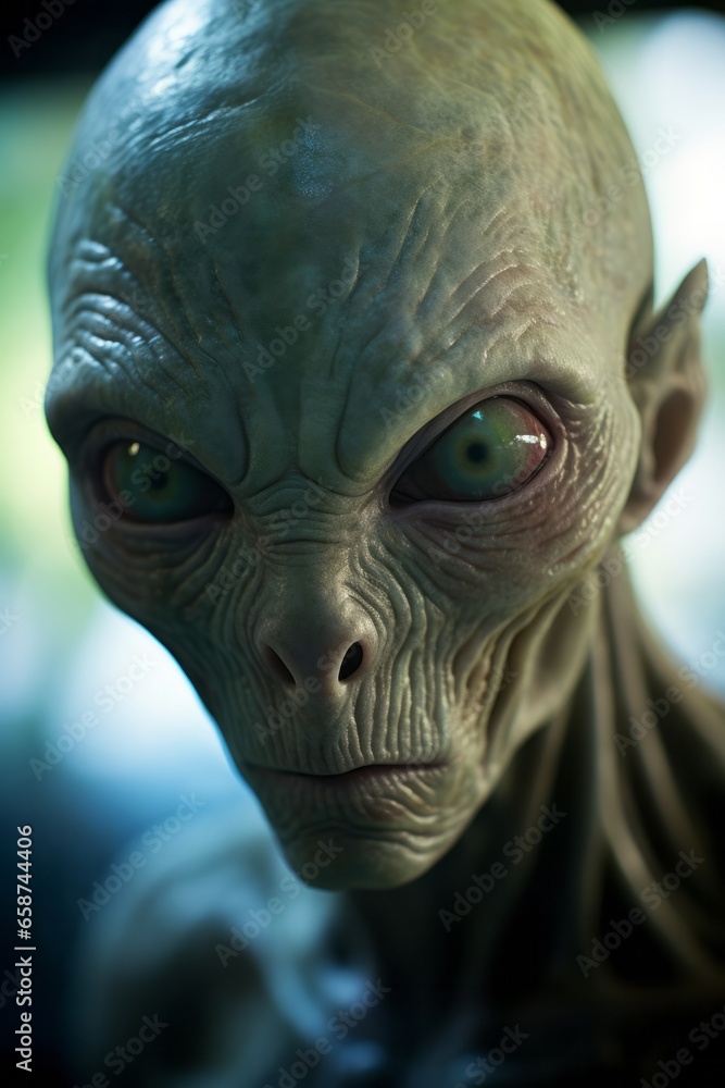 A grey alien in the dark with green eyes and tight grey-green skin A grey alien in the dark with green eyes and tight grey-green skin