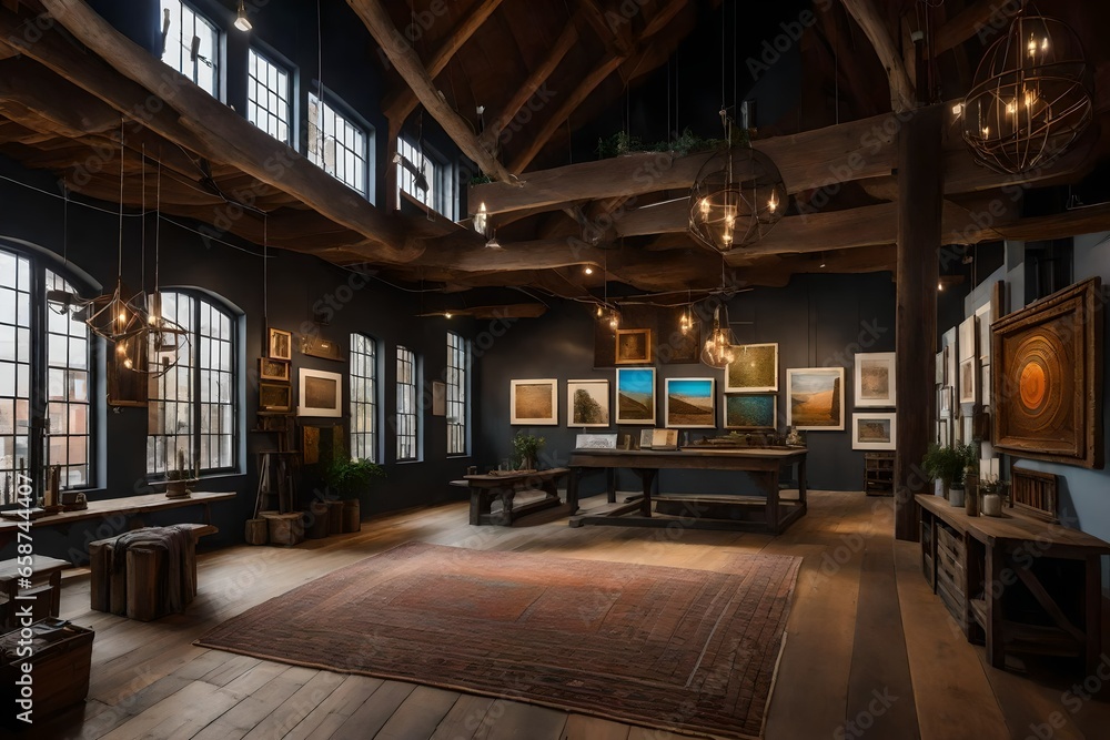 use of natural light and open spaces in a rustic art gallery design to showcase local artists' work.