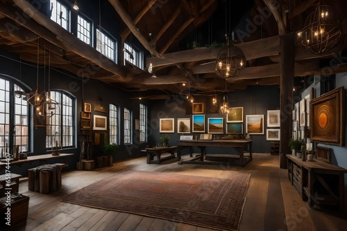 use of natural light and open spaces in a rustic art gallery design to showcase local artists' work.