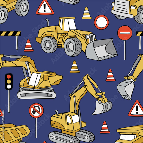 Hand drawn construction trucks and bulldozers seamless vector pattern. Perfect for textile, wallpaper or nursery print design.
