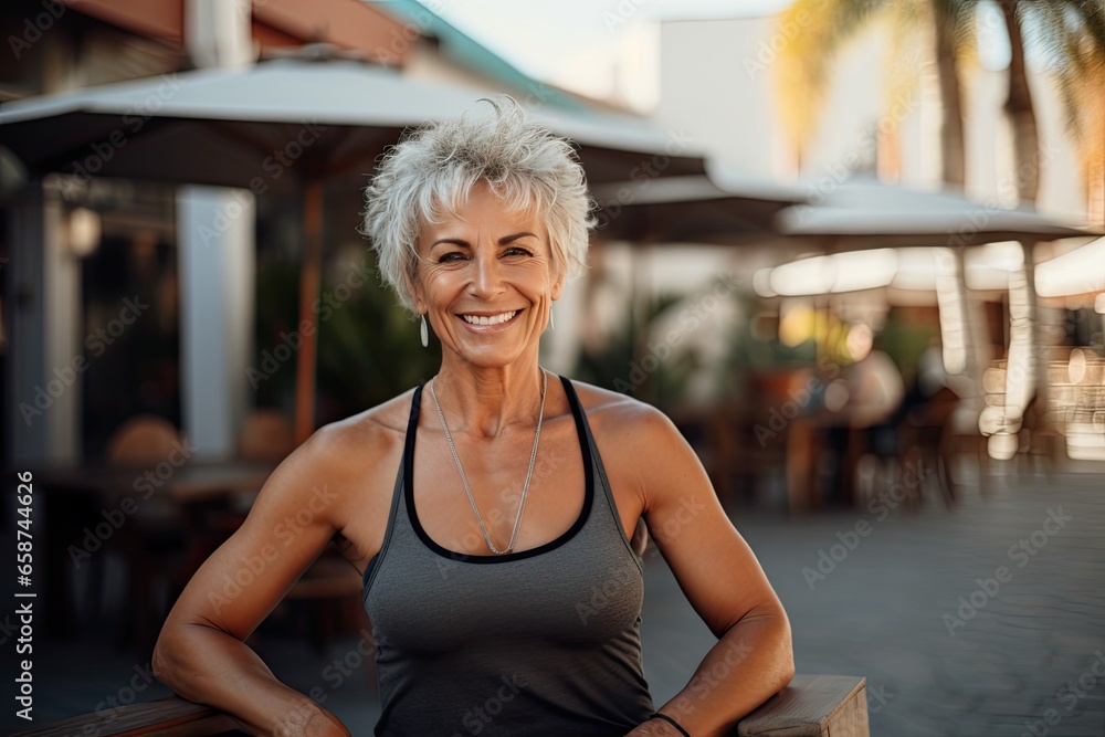 A mature and active senior woman enjoying an outdoor workout in a park, radiating confidence, calmness, and positivity.