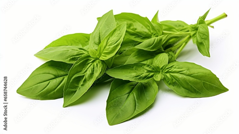 Thai basil is one of the cuisine's hidden components. isolated against a white backdrop Thai basil is one of the cuisine's hidden components. isolated against a white backdrop