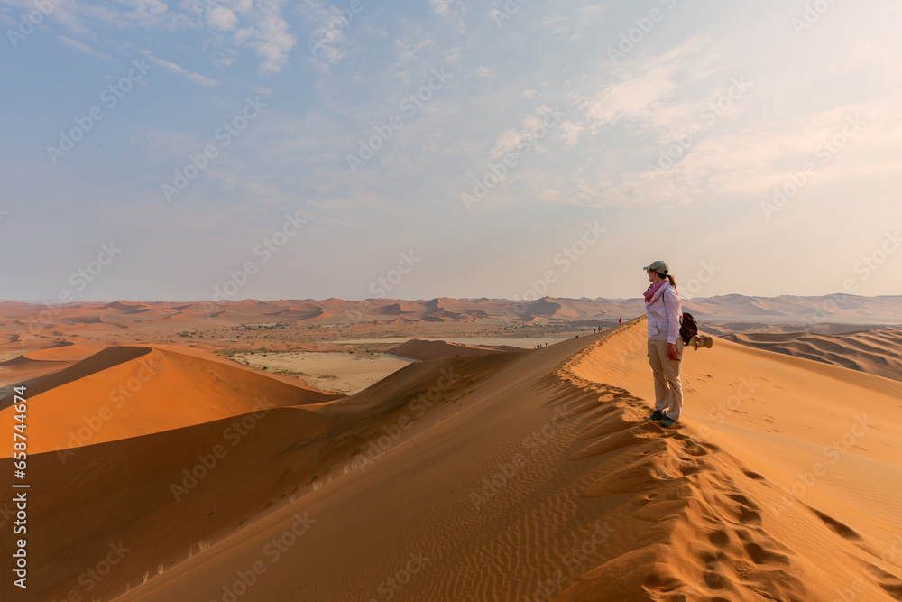 Young beautiful caucasian woman with hat posing on sand dune, Sahara desert landscape- travel, freedom, wanderlust concept