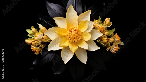 The late Thai King Bhumibol Adulyadej's royal cremation was attended by Thai artificial funeral flowers, known as dok mai chan. The background was black with copy space and the flower was a damarratan