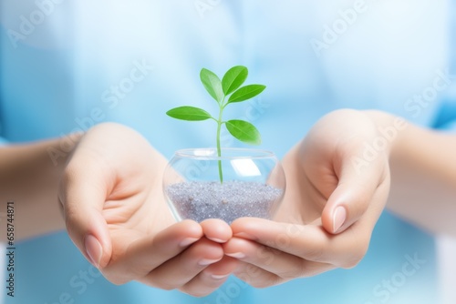 Plant sprout in hands botanical decoration design element flowerpot flora fresh foliage growth green herb nature pot leaves small seed ecology sustainability organic delicate horticulture root sapling photo