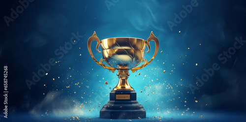 Golden trophy cup on blue or red isolated background , winners golden cup. Award