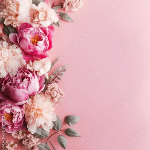 Beautiful Peonies, roses on pink background with copy space. Generative AI image weber. © Summit Art Creations