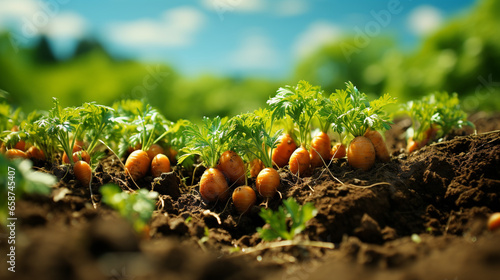 A close up of a carrot field with rows of leafy green UHD wallpaper Stock Photographic Image