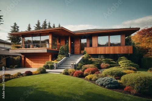 Modern wooden house with a beautiful landscaped garden in the autumn. © Viewvie