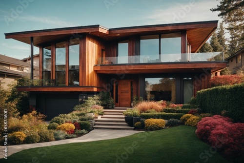 Modern wooden house with a beautiful landscaped garden in the autumn.