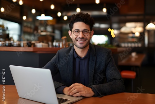 Portrait of businessman works on laptop.