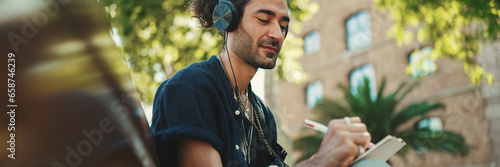 Young italian guy with ponytail and stubble sits with headphones on street bench listens to music and makes sketches with pen on piece of paper on cityscape background