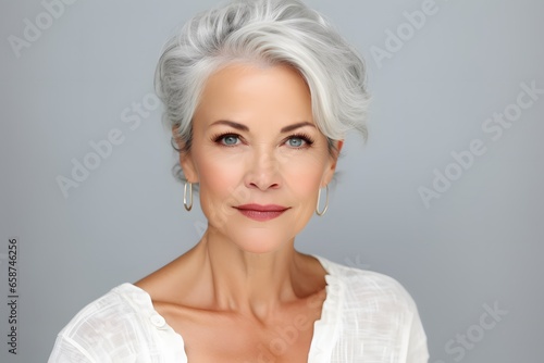  Beautiful gorgeous mid aged mature woman looking at camera. Mature old lady close up portrait. Healthy face skin care beauty.