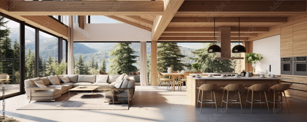Modern stylish living room and kitchen with big windows. Modern stylish living room and kitchen with big windows.