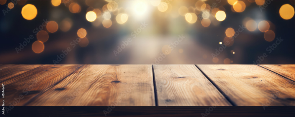 Counter mockup. Empty wooden table or boards with blured glitters in background.