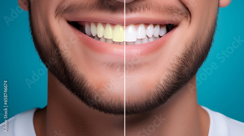 Collage Teeth before and after care, therapy and whitening. The laughing mouth of a man with perfectly white teeth before and after. Hygiene and dental care. dentistry and teeth whitening concept.