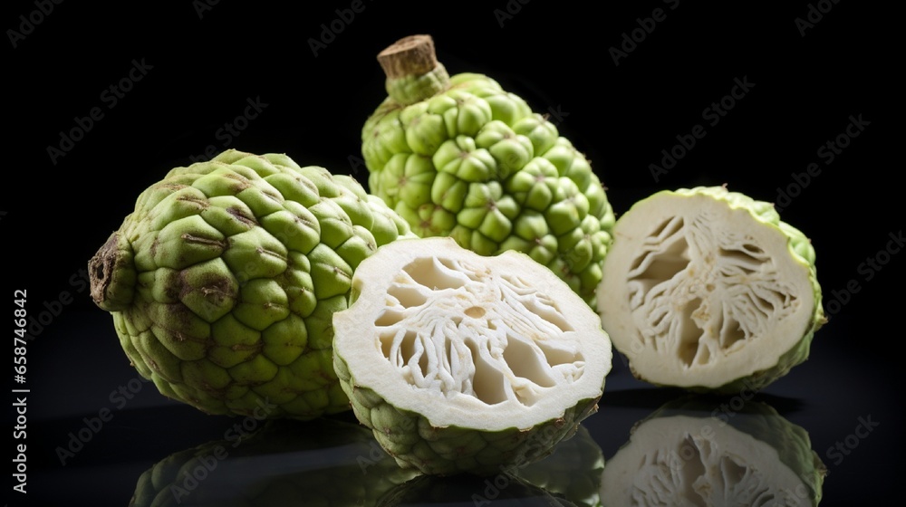 Obraz premium Sweet sugar apples cut open showing creamy white flesh beside whole tropical custard fruits.