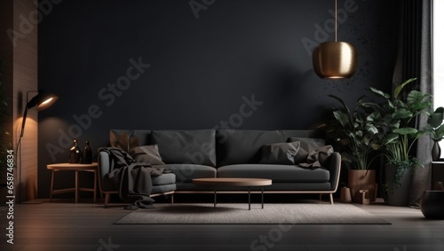 Modern dark home interior background, wall mock-up, 3D render photo
