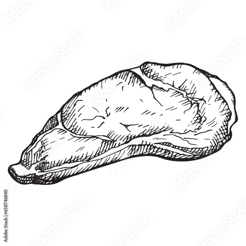 Steak fillet hand drawn lamb, beef or pork meat vector illustration on isolated background. Sketch with engraving of meaty product for menu, print, logo, card. Healthy protein food, gastronomy