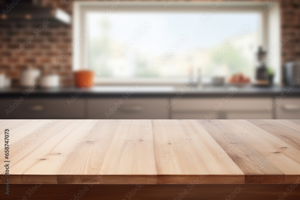 Empty wooden table top and blurred kitchen interior on the background. Copy space for your object, product, food presentation. Empty wooden table top and blurred kitchen interior on the background. Copy space for your object, product, food presentation.