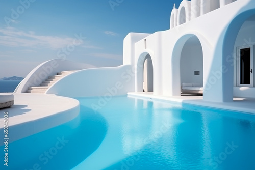 Swimming pool at luxury greek island hotel with cyclades style arched architecture on island. Generative AI © Jahid