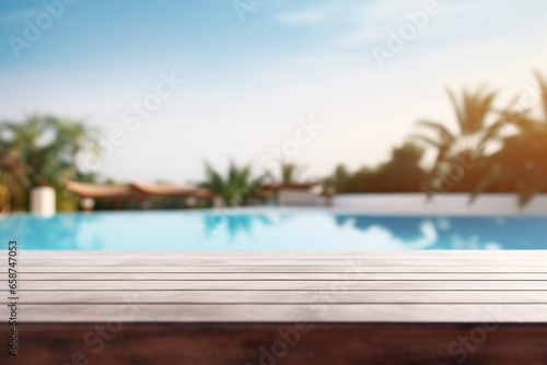 Empty wooden table top and blurred outdoor pool  spa on the background. Copy space for your object  product presentation. Display  promotion  advertising. Holiday  vacation  relax mood.