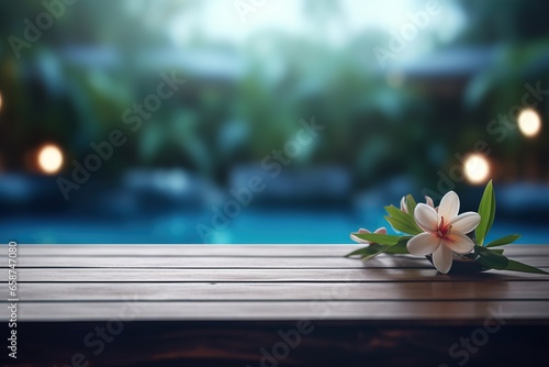 Empty wooden table top and blurred outdoor pool, spa on the background. Copy space for your object, product presentation. Display, promotion, advertising. Holiday, vacation, relax mood. photo