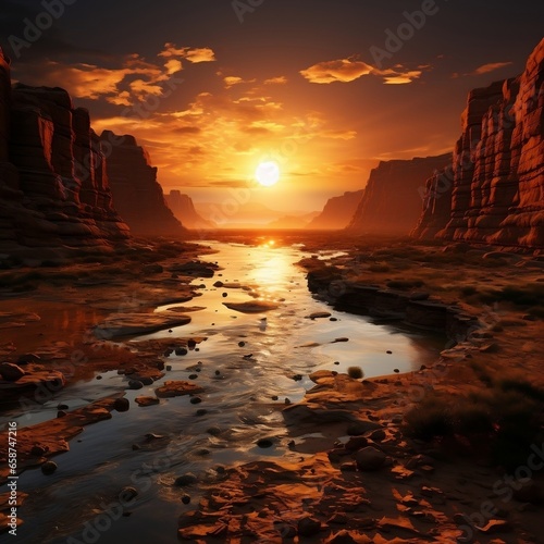 A narrow waterway in orange desert at a sunset