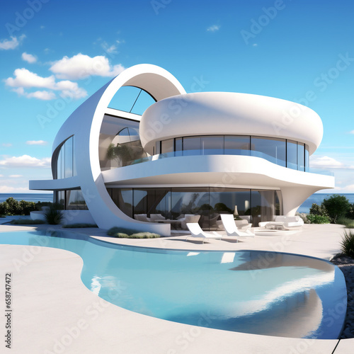 Futuristic house built on tropical island, desert island, future architecture, house design, home. Generative AI © Jahid