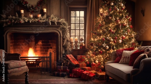 A Photograph capturing the enchantment of a cozy Christmas scene, with a warmly lit tree, crackling fireplace, and presents © Raziq