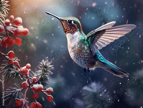 Winter Christmas Hummingbird in Flight. Snowy Background with red berries.