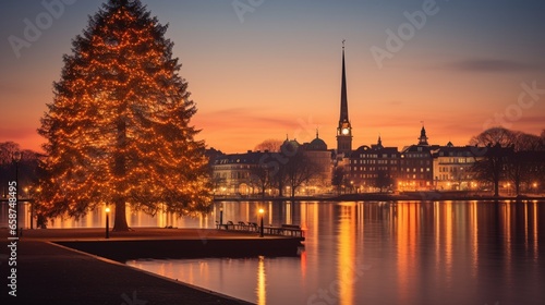 A Photograph capturing the serene warmth of a street light's golden glow against the dusky backdrop of Alster Lake, with a whimsical Christmas tree standing tall