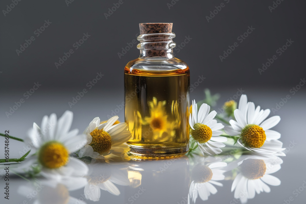 Bottles of extract of daisy argan oil for skin care and aroma spa . Bottles of extract of daisy argan oil for skin care and aroma spa .