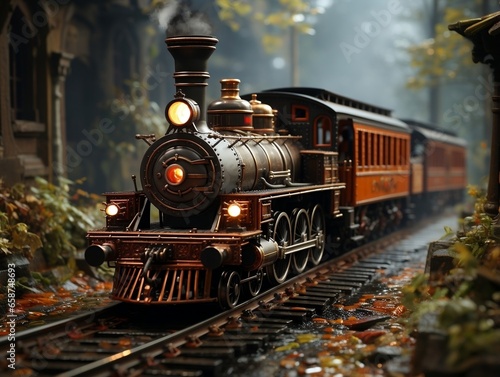 A model train that is traveling down the tracks